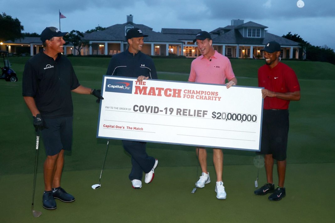 tiger-woods-and-peyton-manning-beat-phil-mickelson-and-tom-brady-in-the-match,-20m-raised-for-covid-19-relief