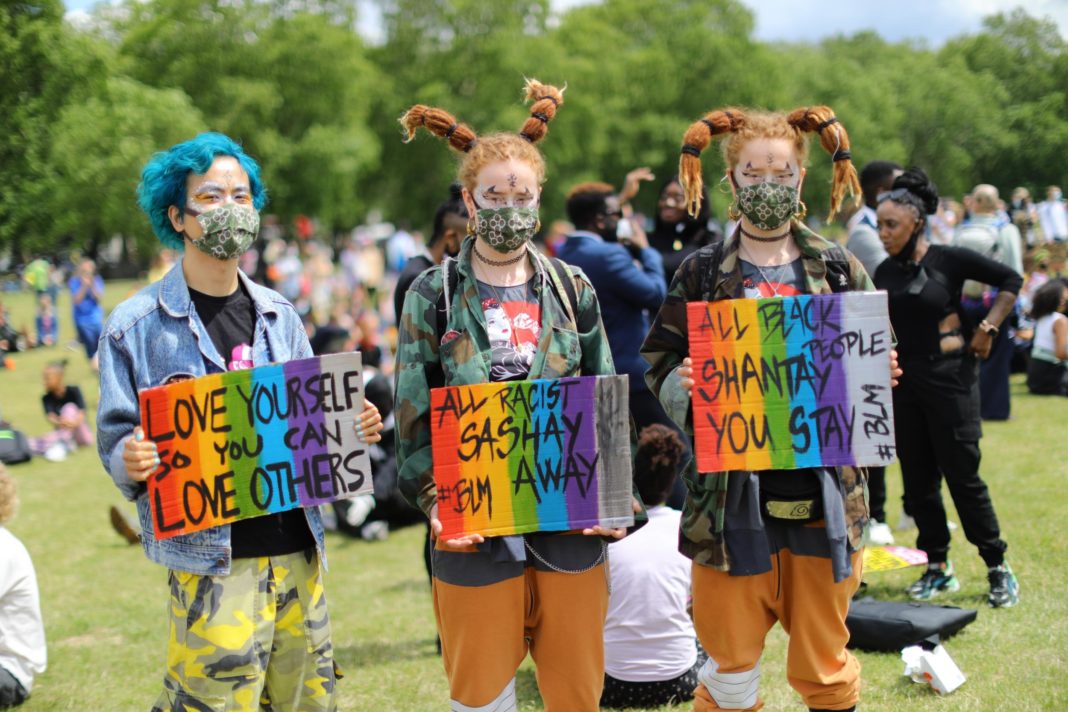 black-lives-matter-protesters-gather-in-london's-hyde-park-for-fresh-day-of-demonstrations-after-activists-kettled-by-police-in-glasgow
